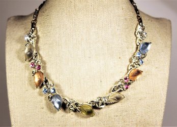 Lisner Silver Tone Necklace Having Frosted Colorful Glass Leaf Stones Choker Necklace