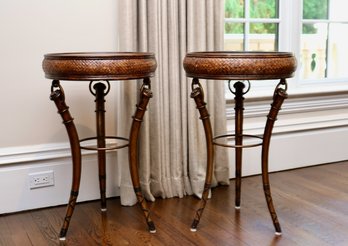 Set Of 2 Faux Bamboo Round Ringed Accent Tables With Sabre Sword Legs