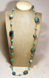 Very Fine Genuine Turquoise Beaded Silver Chain Necklace 30' Long