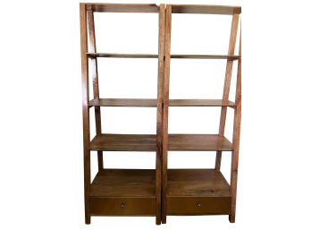 Pair Of Mid-century Inspired Rubio Wood Ladder Shelves With Drawer