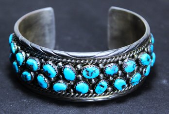 Fine Signed Cecil Sanders Native American Indian Turquoise Sterling Silver Cuff Bracelet