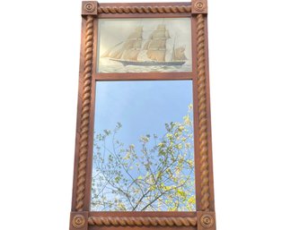 Vintage Hitchcock Style Trumeau Mirror, Upper Panel With A Nautical / Schooner Scene