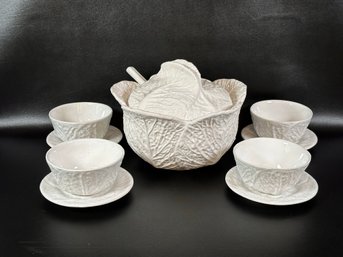 A Fabulous White Cabbage Ware Soup Set: Tureen, Ladle , Cups & Saucers