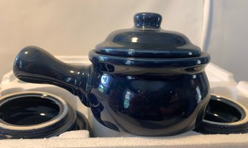 NEW Set Of Blue Onion Soup Crocks With Covers