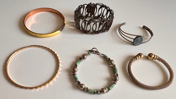 6 Bracelets Including Rustic Sterling 925 Mexican Cuff With Clasp, Some Vintage
