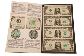 Uncut Sheet Of 4 1985 $1 U.S. Federal Reserve Notes With Original Folder