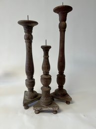 Antique Reproduction Wooden Pillar Shaped Candle Holders