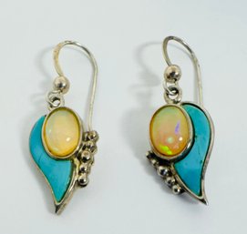 VINTAGE STERLING SILVER TURQUOISE AND OPALESCENT STONE DANGLE EARRINGS