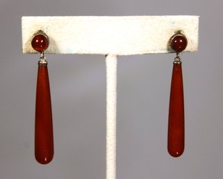 Fine Pair Of Sterling Silver Drop Pierced Earrings In Carnelian Stone