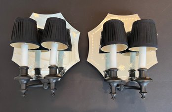 Pair Mirrored Wall Sconces With Black Ripple Shades