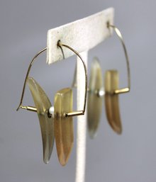 Pair Contemporary Pieced Gold Tone Earrings Having Pearls And Plastic