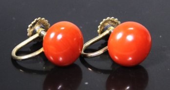 14K GOLD AND CORAL SCREW BACK EARRINGS