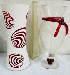 3 Vases Red And White, Clear And Red And Frosted