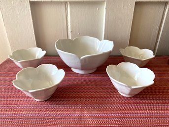 White Lotus Flower Serving Bowl And Four Small Bowls