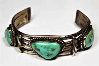 Antique Sterling Silver Native American Southwestern Cuff Bracelet W 3 Turquoise Stones