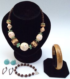WOOD, STONE & SHELL JEWELRY LOT: Necklace, Roma Pierced Earrings, Wood & Tigers Eye Stone Bracelet