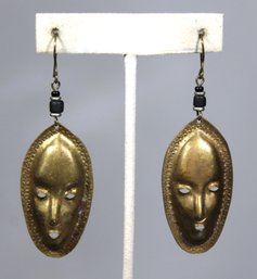 Vintage 1980s Pierced Earrings African Style Large Masks In Brass