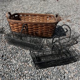 An Antique Shaker Basket And A Set Of Wire Nested Baskets