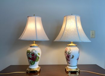 Vintage Portmeiron Botanical Motif Brass Scroll Foot Lamps With Ribbed Shades