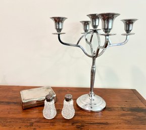 Metal Candelabra And Silverplate Accessories