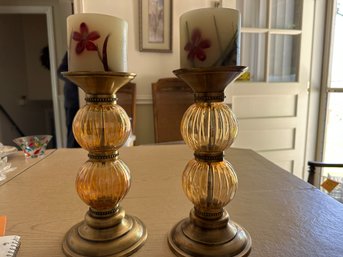 Pair Of Lovely Bombay Company Polished Brass And Glass Candleholders With Short Pillars