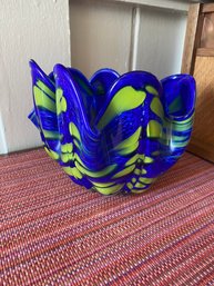 Hand Blown 7x5in Studio Glass Folds Bowl Bright Colors No Chips