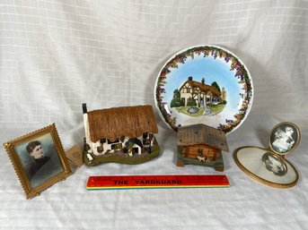 A Swiss And English Music Boxes Vanity Mirror With Picture Frame, Gold Picture Frame, Thatch Roof House Plate