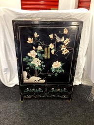 Chinese Black Lacquer Cabinet With Mother Of Pearl Carvings (Larger One Of Two)