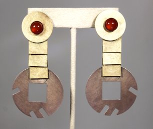 Pair Fine Studio Sterling Silver And Gold And Carnelian Modernist Pierced Earrings