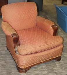 Vintage Salmon Colored Upholstered Armchair With Mahogany Arms And Legs