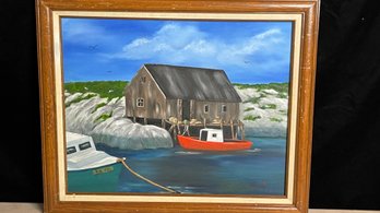 Framed Original Oil Painting Of A Boat House On An Inlet