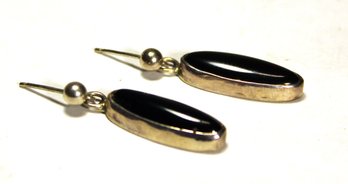 Pair Fine Sterling Silver And Black Onyx Pierced Drop Earrings