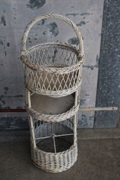 Mid Century Cottage Chic Round Wicker Tiered Basket Tower