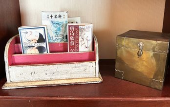 A Wood Organizer, Brass Box, And Chinese Playing Cards