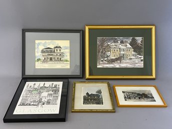 Lot Of 5 Pieces Of Artwork Of Buildings