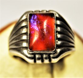 Fine Men's Art Deco Sterling Silver Ring Having Red Art Glass Stone Size 10.5