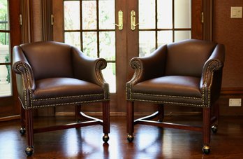 Set Of 2 Tobacco Leather Game Arm Chairs With Nailheads And Casters