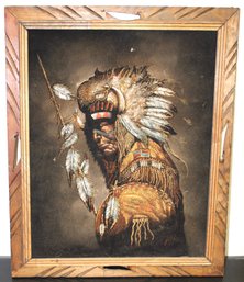 Vintage Native American Warrior Chief Black Velvet Painting Framed