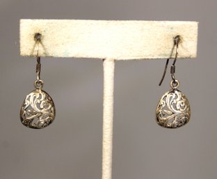 Pair Sterling Silver Pierced Drop Earrings Having Opernwork