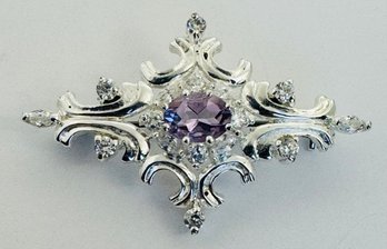 VINTAGE STERLING SILVER AMETHYST AND QUARTZ PIN BROOCH