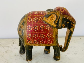 Vintage Painted Elephant Wood Sculpture