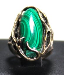 Fine Sterling Silver And Large Malachite Stone Ladies Ring Size 5