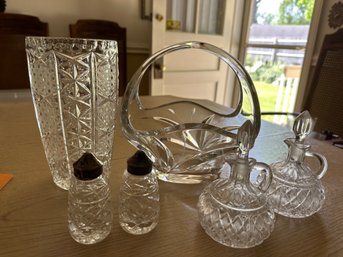 Beautiful Crystal Vase, Heavy Crystal Basket, Cruets And Salt & Pepper