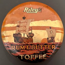 Vintage Candy Box Tin Litho - Rileys Rum & Butter Toffee - Riley Brothers - Halifax England - Empty - 6 Dia