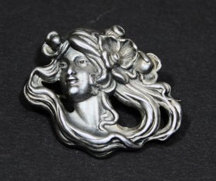 Art Nouveau Kerr Sterling Silver Brooch Of A Woman With Flowing Hair