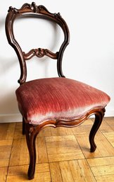 Antique Carved Wood Side Chair With Velvet Seat