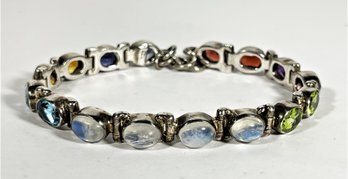 Sterling Silver Gemstone Link Bracelet W Moonstones 8 1/2' Long