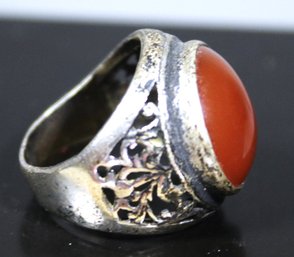 Vintage Sterling Silver Ring Having Openwork And Red Stone Size 5