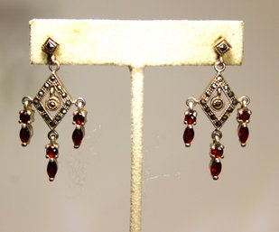 Pair Fine Sterling Silver Marcasite & Garnet Drop Pierced Earrings