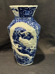 EARLY 20TH CENTURY CHINESE BLUE AND WHITE DRAGON VASE DRILLED FOR LAMP